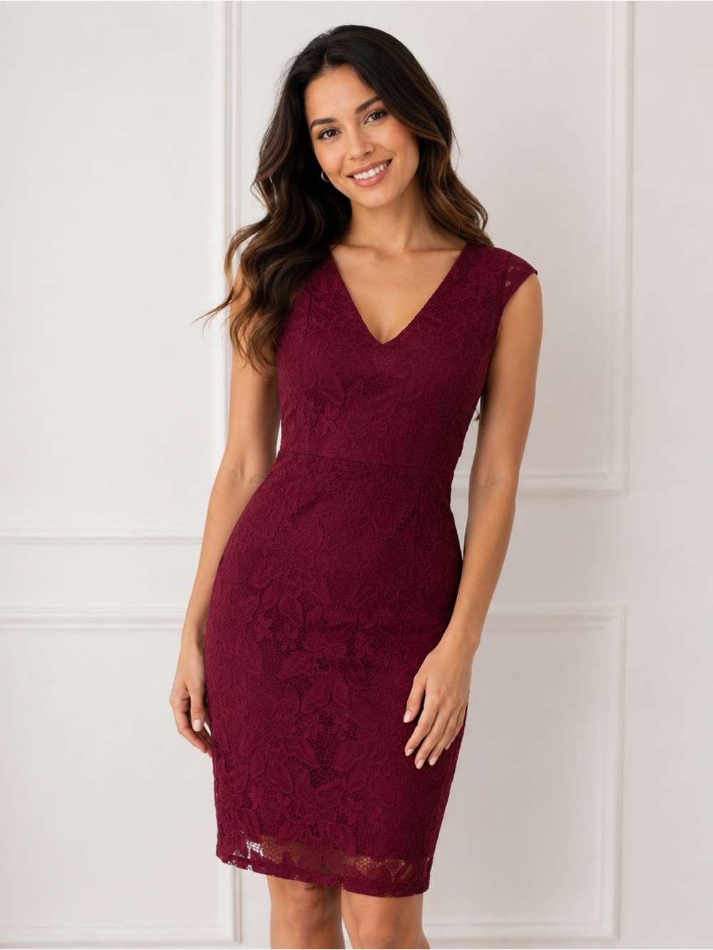 Burgundy Lace Cocktail Dress Elegant V-Neck Midi Party Dress Sz S
